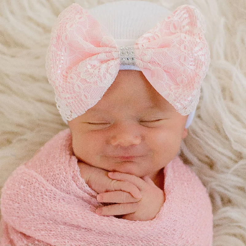 Pink Lace Bow With Silver Rhinestones White Hospital Hat Lace Skater Dress