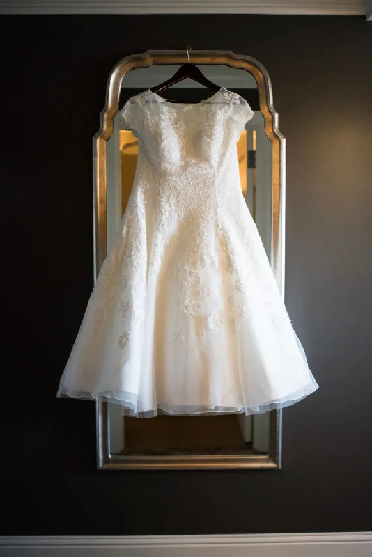 Oleg Cassini Tea Length Dress with Lace Lace Dress for Weddings