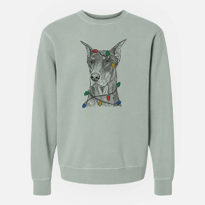 Christmas Lights RJ the Doberman Pinscher - Unisex Pigment Dyed Crew Sweatshirt Stylish Sweatshirt Look