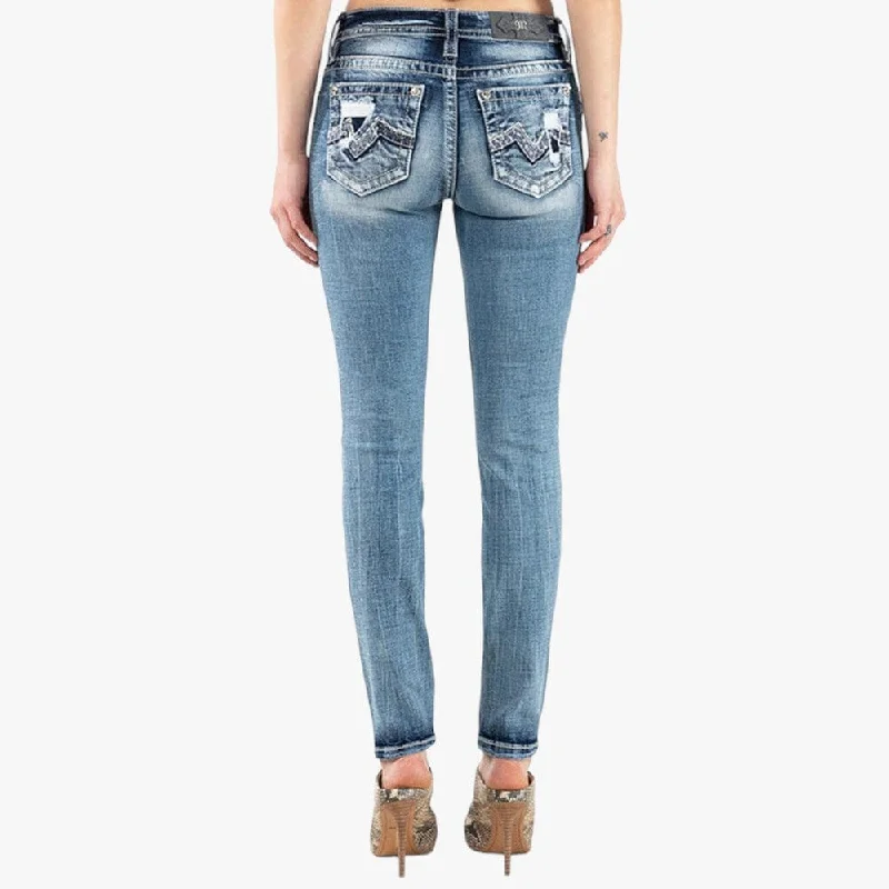 Miss Me Modern Blowout Logo Mid Rise Skinny Jean Lt Blue