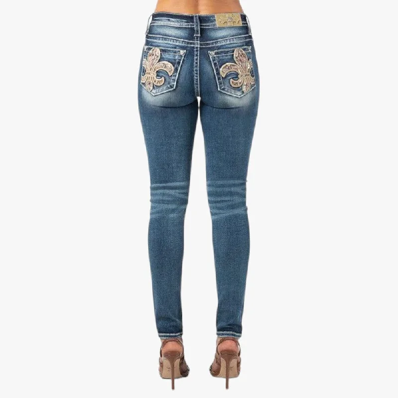 Miss Me Womens Fantastic Fleur De Lis Mid Rise Skinny Jean Med Wash