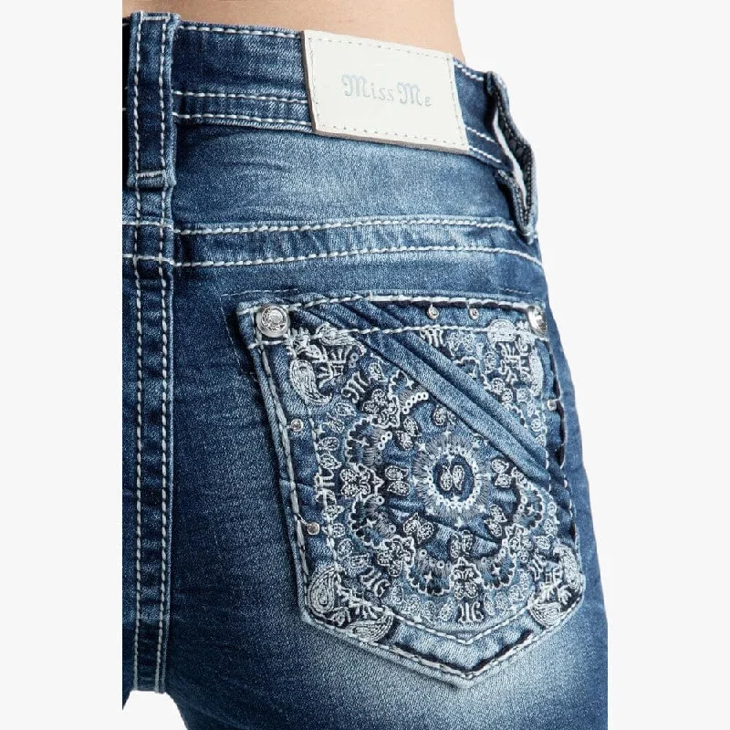 Miss Me Womens Twin Paisley Mid Rise Bootleg Jean Med Wash