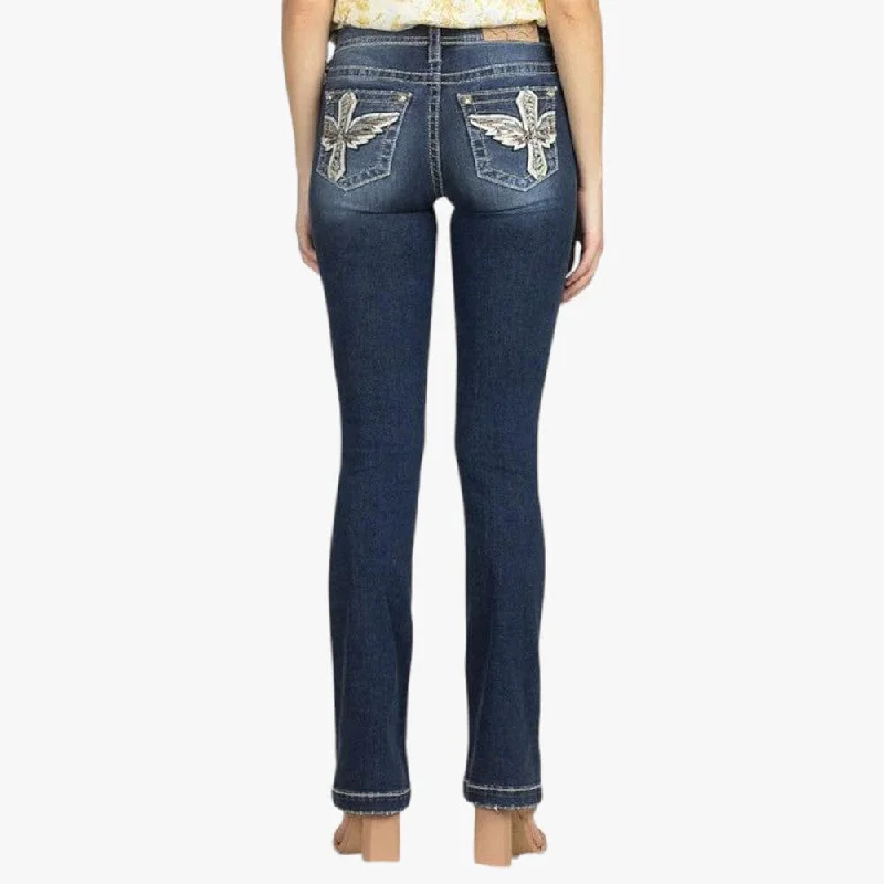 Miss Me Winged Soul Mid Rise Bootleg Jean Blue Wash