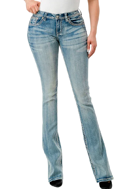 Grace In LA Women's Embroidered Bandana Steerhead Mid Rise Bootcut Jean