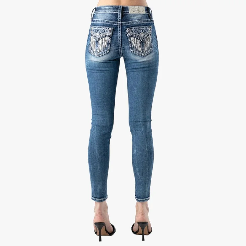 Miss Me Womens Aztec Wing Mid Rise Skinny Jean Med Wash