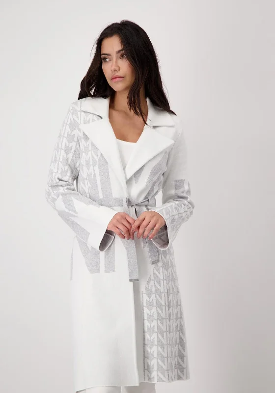 Monari Monogram Knitted Coat, White & Grey Women's travel-friendly jackets