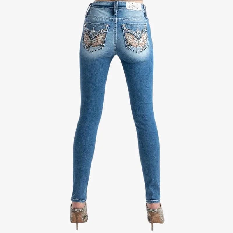 Miss Me Womens Butterfly Kisses Mid Rise Skinny Jean Light Wash