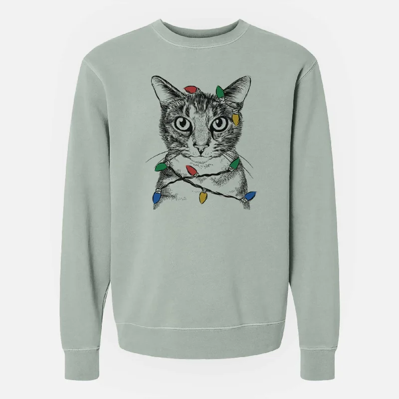 Christmas Lights Hobbes the Tabby Cat - Unisex Pigment Dyed Crew Sweatshirt Long Hoodie Sweatshirt