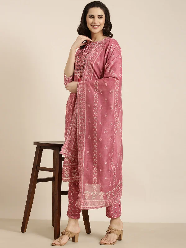 Women Straight Pink Ethnic Motifs Kurta and Trousers Set Comes With Dupatta