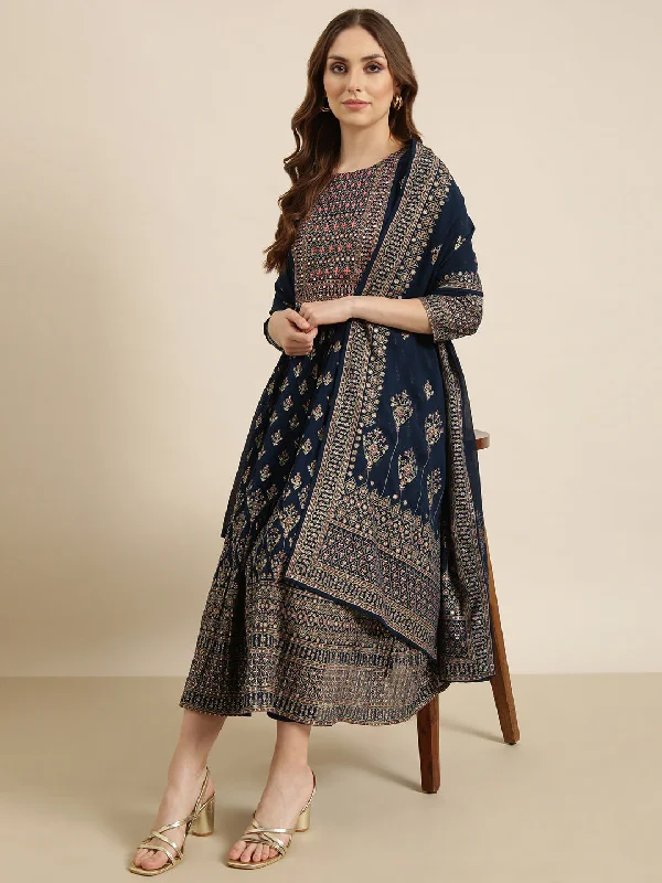 Women Anarkali Teal Ethnic Motifs Kurta and Trousers Set Comes With Dupatta