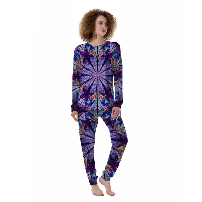 Dark Mandala Teal And Purple Print Women's Pajamas Flannel pajama sets