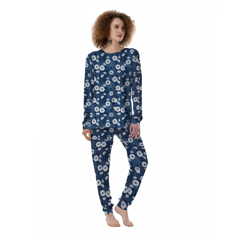 Denim Jeans Rose Print Pattern Women's Pajamas Custom pajama sets with names