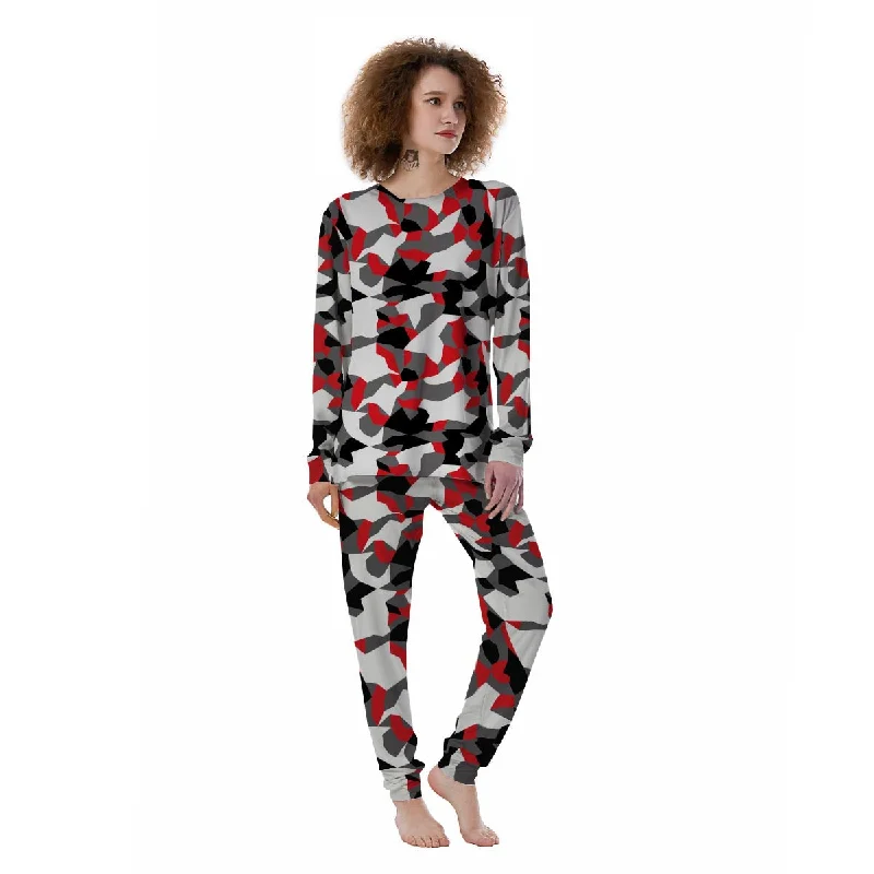 Digital Camo Grey And Red Print Pattern Women's Pajamas Best pajama sets for sensitive skin