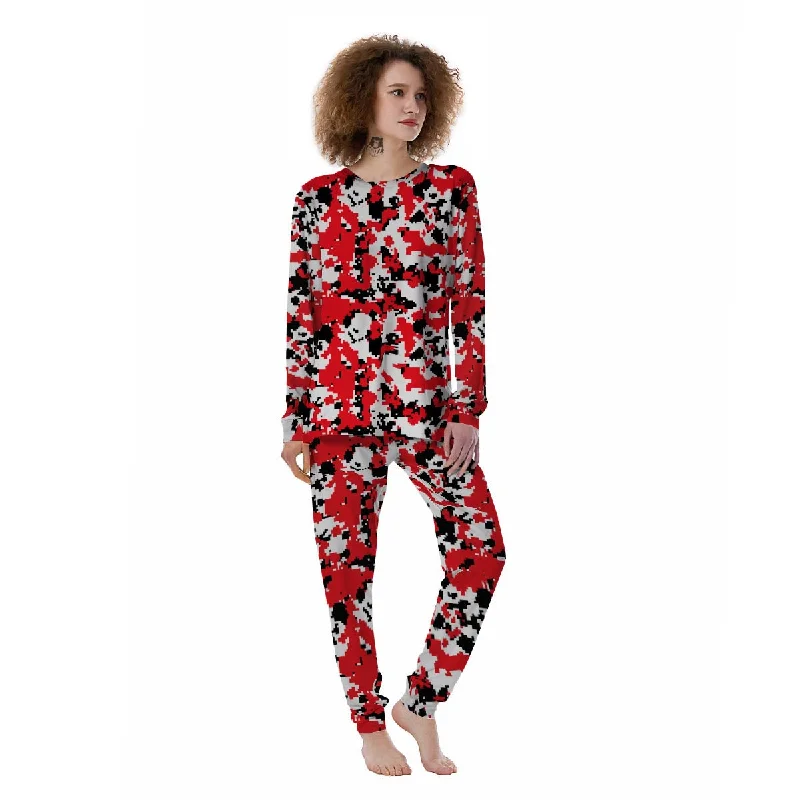 Digital Camo Red White And Black Print Pattern Women's Pajamas Expensive pajama sets