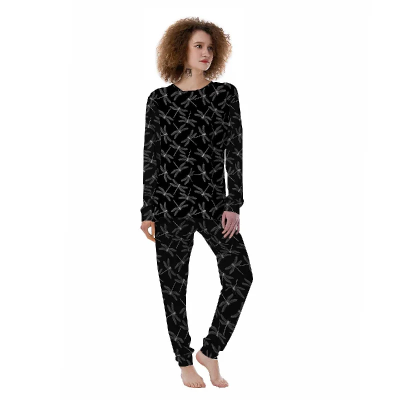 Dragonfly Black Print Pattern Women's Pajamas Button-up pajama sets