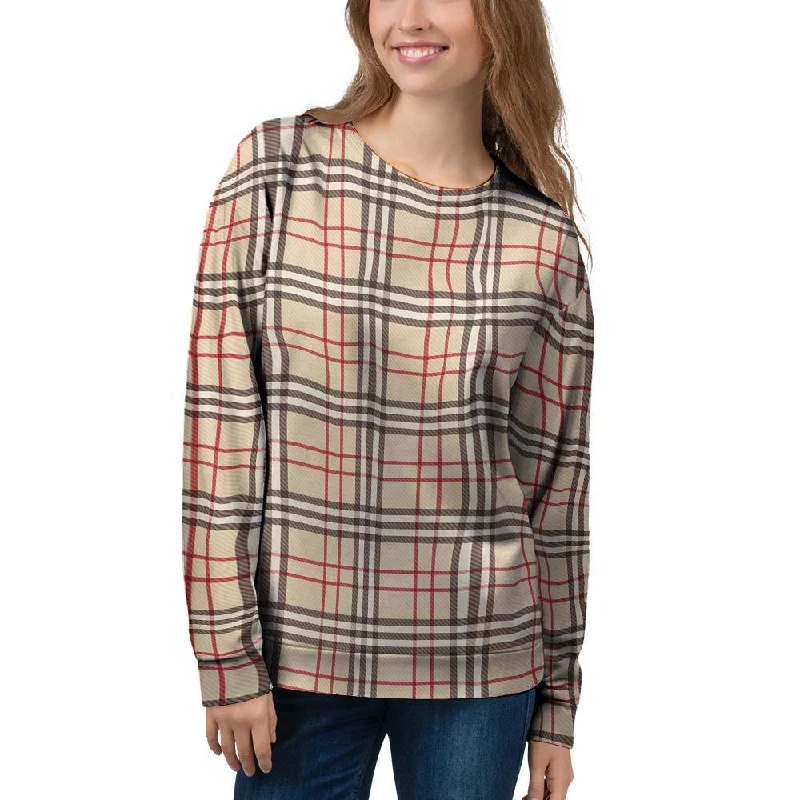 Beige Plaid Tartan Women's Sweatshirt Turtleneck sweaters