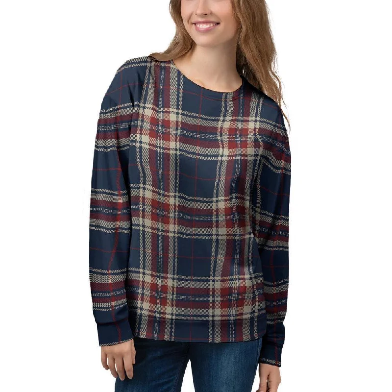 Beige Red And Blue Plaid Tartan Women's Sweatshirt Lightweight sweaters for spring