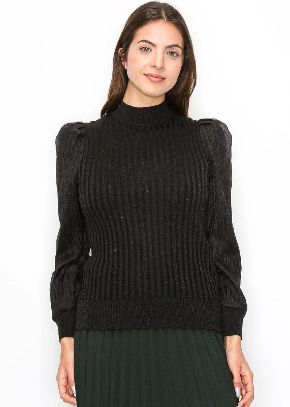 Black Ribbed Sweater with Puff Sleeves Cozy knit sweaters for winter