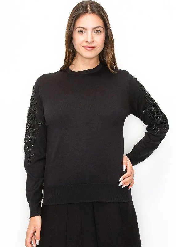 Black Sweater with Embellished Sleeves Sporty sweaters