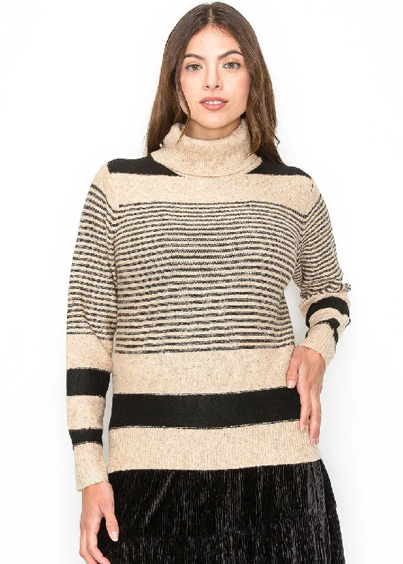 Camel and Black Striped Turtleneck Sweater Wrinkle-resistant sweaters