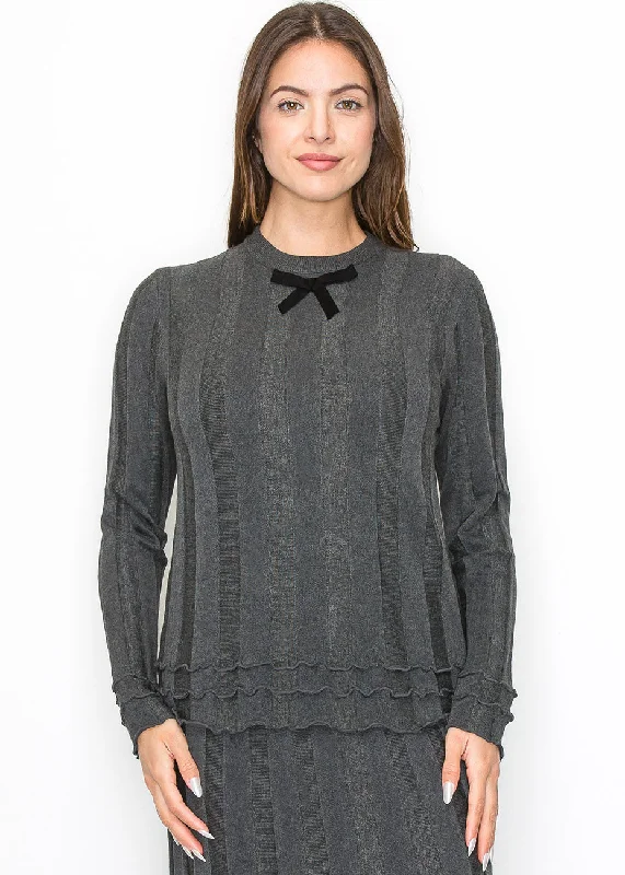 Grey Ribbed Knit Top with Bow Detail Streetwear sweaters