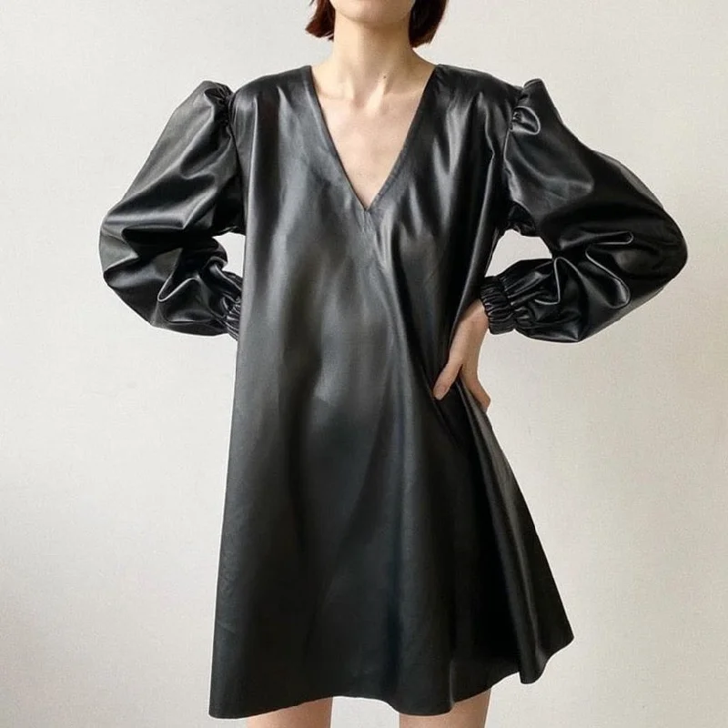 Faux Leather Puff Sleeve Mini Dress Flowy mini dresses