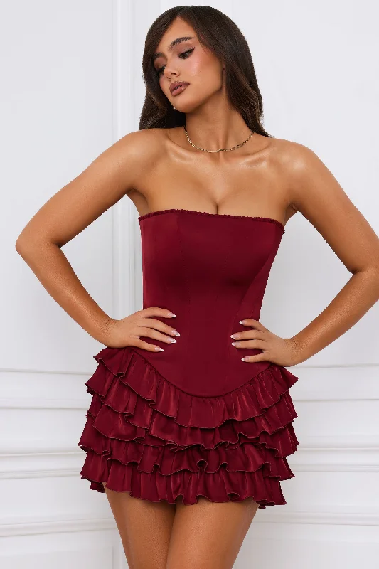 Bandeau Ruffled Tiered Corset Mini Dress in Berry Red Designer mini dresses