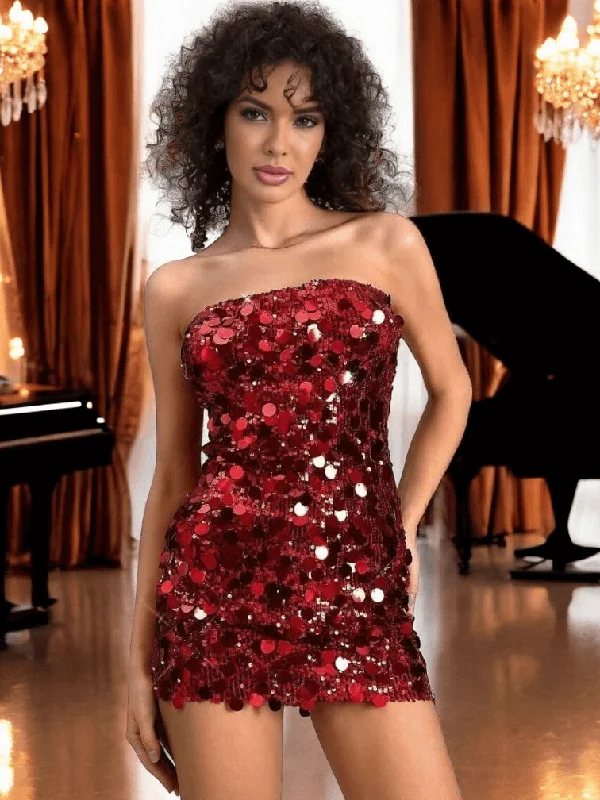 Strapless Big Sequin Dress Red Tiered mini dresses