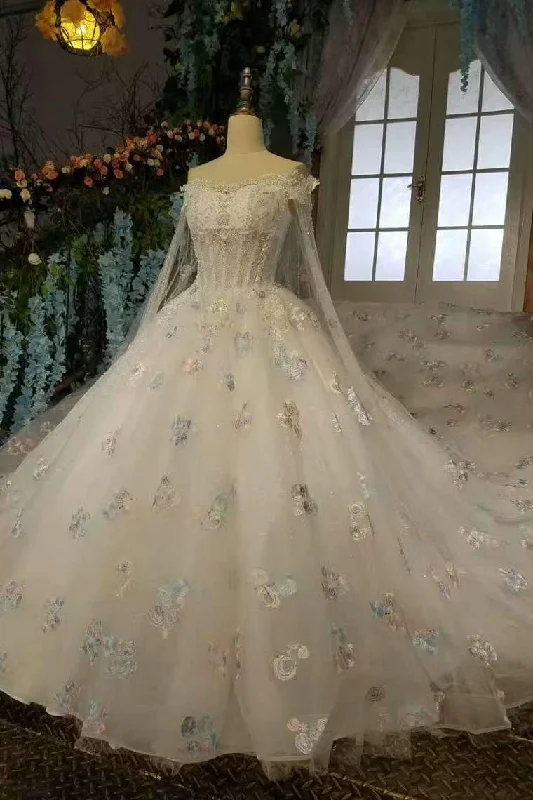 Floral Wedding Dresses A-Line Off The Shoulder A-Line Tulle Lace Up With Beads And Sequins Romantic Wedding Dress