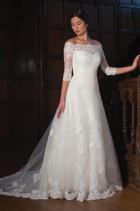 A-Line 3-4-Sleeve Off-The-Shoulder Lace&Tulle Wedding Dress With Illusion-MK_703047 Short Wedding Gown