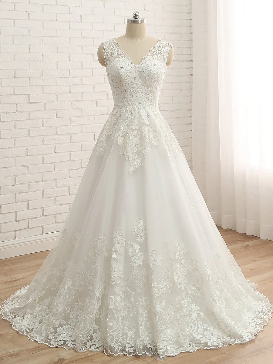 A-Line/Princess V-Neck Sleeveless Applique Tulle Floor-Length Wedding Dresses Elegant Bridal Gown