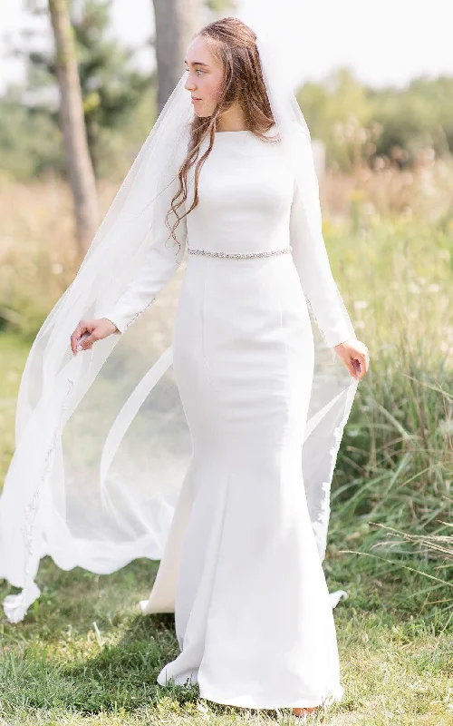 Adorable Mermaid Bateau Satin Wedding Dress With Long Sleeve And Sash-716624 Sexy Wedding Dress