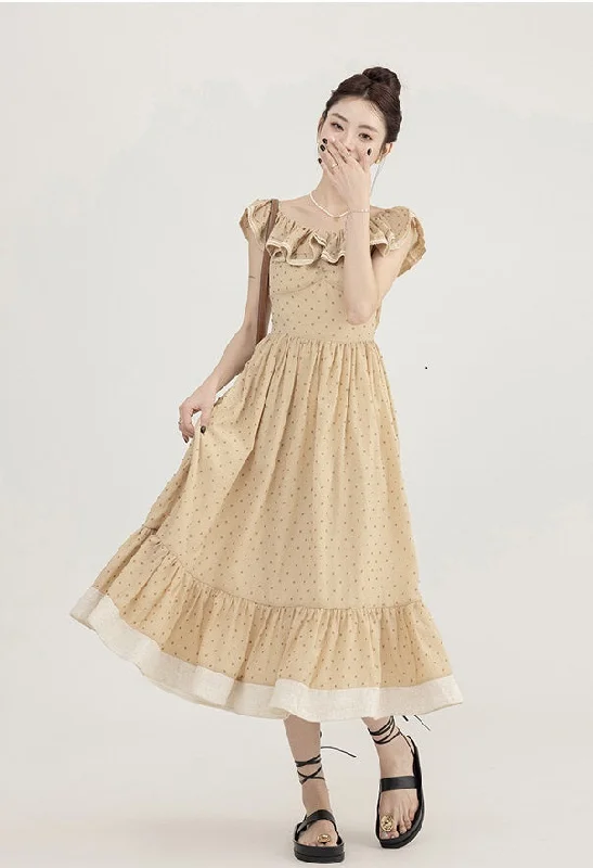 Champagne Polka Dot Round Neck Summer Vintage Swing Dress Elegant Satin Dress