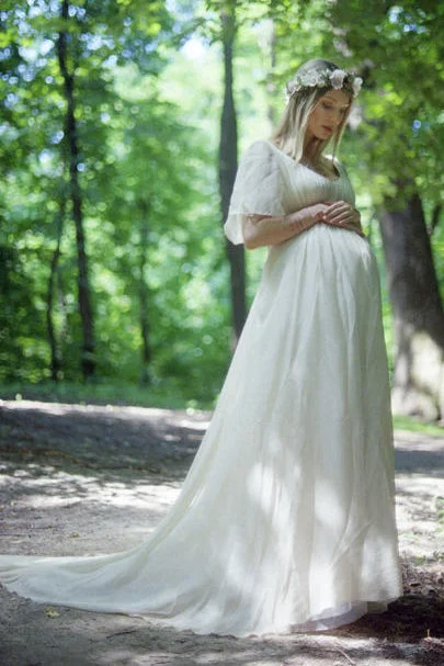 Country V-neck Short Sleeve Lace Pleated Maternity Wedding Dress-715521 Lace Back Wedding