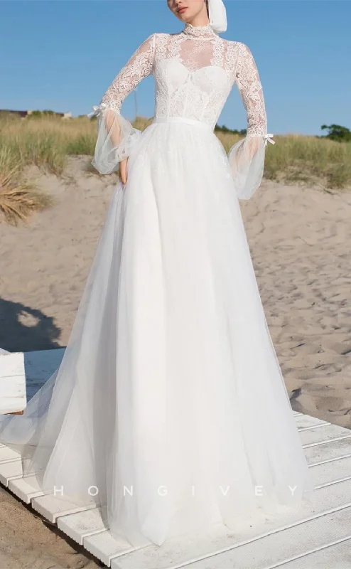 H1531 - Sexy Two Tone A-Line High Neck Lace Appliques Empire Long Sleeve Tulle Train Wedding Dress Luxury Lace Gown