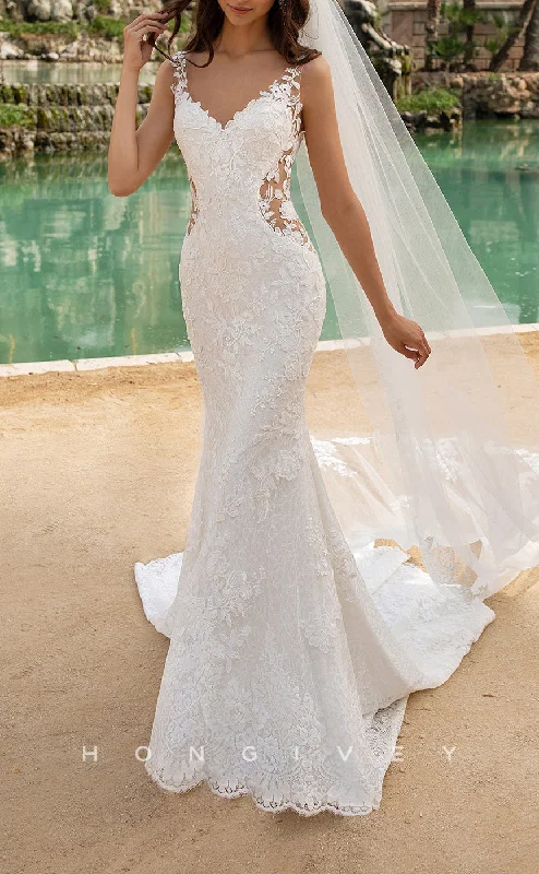 H1532 - Sexy Lace Trumpet V-Neck Spaghetti Straps Illusion Empire Appliques With Train Wedding Dress Lace A-line Dress