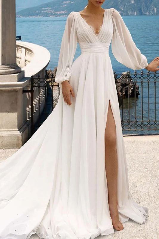 K1338 - V-Neck Long Sleeves Sheer Ruched Tulle A-Line Long Wedding Dress Chic Lace Dress