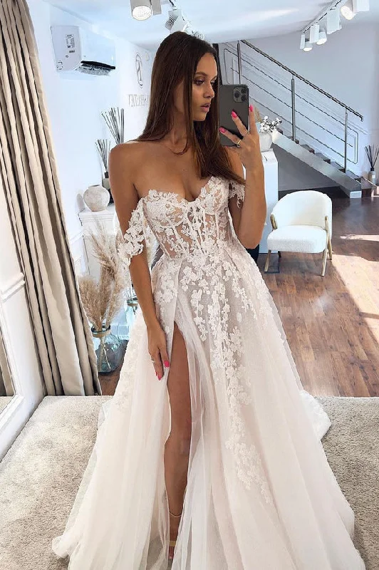 Gorgeous A Line Sweetheart Tulle Wedding Dresses with Appliques Mermaid Lace Gown