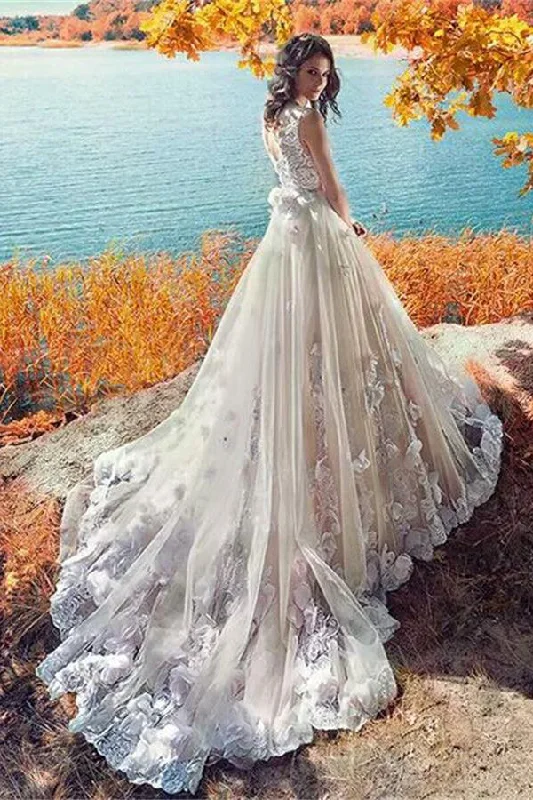 Gorgeous A-line Open Back Long Lace Appliques Wedding Dress Glamorous Wedding Dress