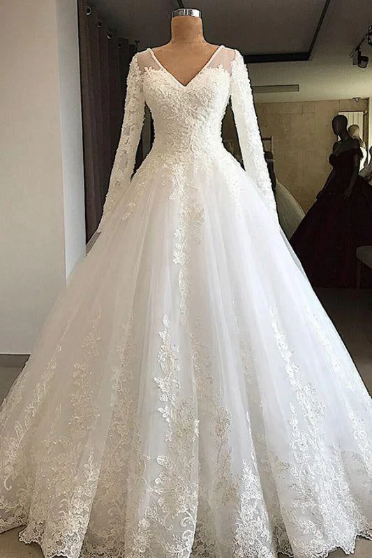 Bridelily Gorgeous Long Sleeve Appliques Tulle Wedding Dress A-line Bridal Dress