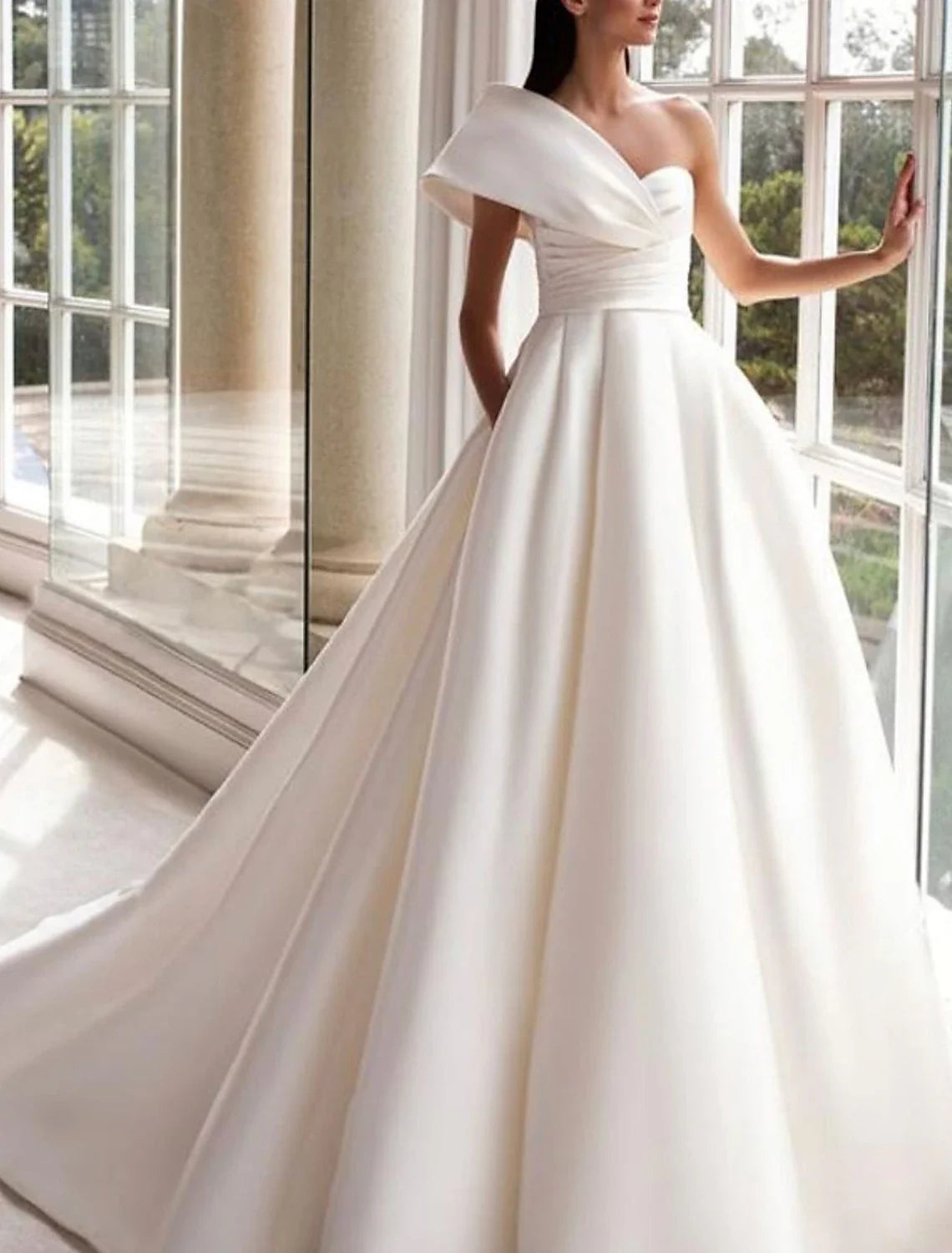 Hall Formal Wedding Dresses A-Line One Shoulder Sleeveless Sweep / Brush Train Satin Bridal Gowns With Ruched Satin Wedding Dress