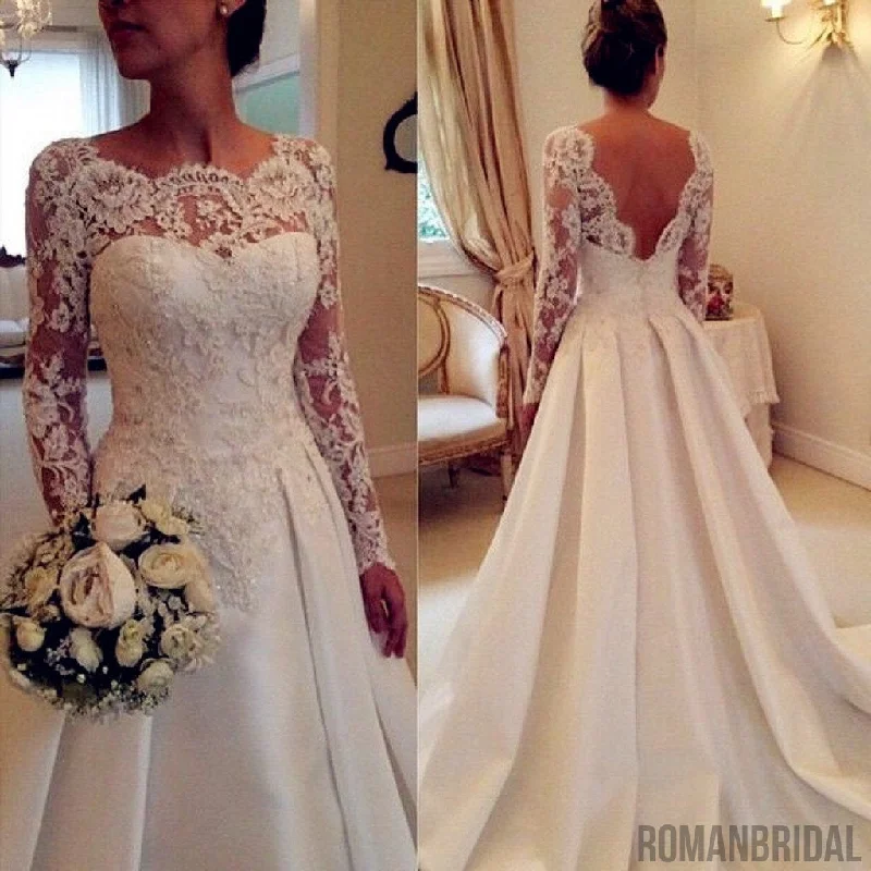 Lace Long Sleeves Wedding Dresses Beading Satin Open Back wedding Dress, WD0316 Modern Bridal Gown