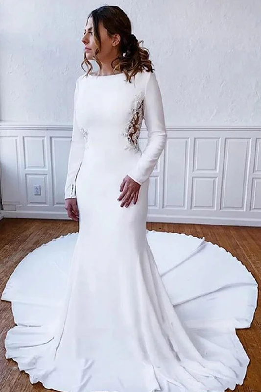 Long Sleeve Illusion Lace Back Sheath Wedding Dress with Appliques Lace Wedding Dress