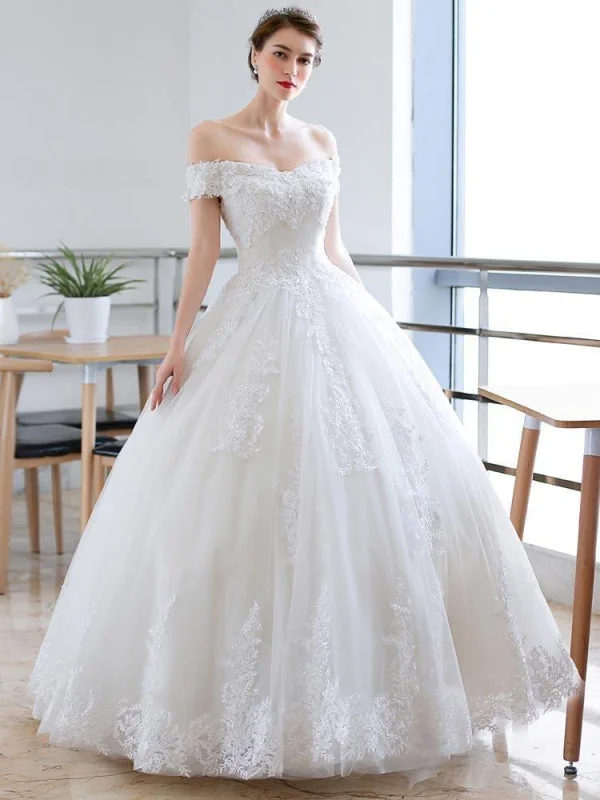 Off-the-Shoulder Lace-up Ball Gown Wedding Dresses White Lace Gown