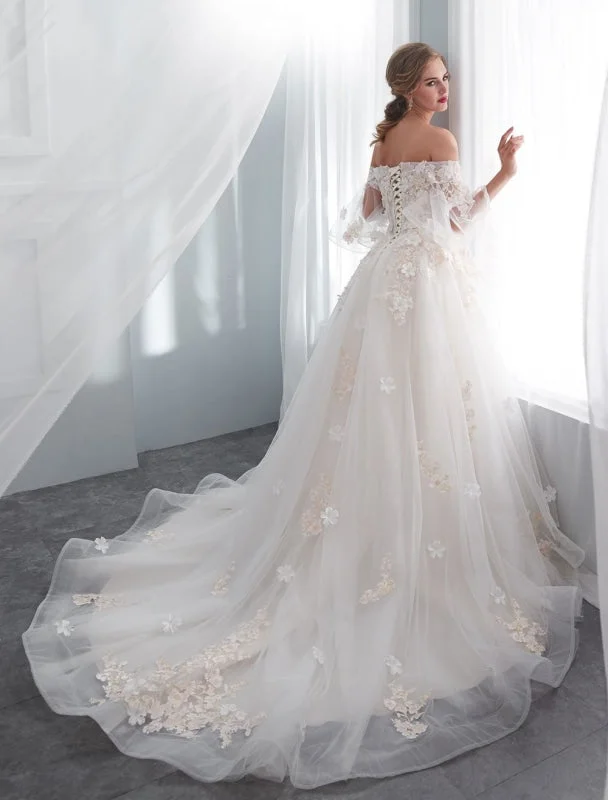 Princess Wedding Dresses Half Sleeve Off Shoulder Lace Flowers Pearls Applique Ivory Bridal Dress With Train Elegant A-line Gown