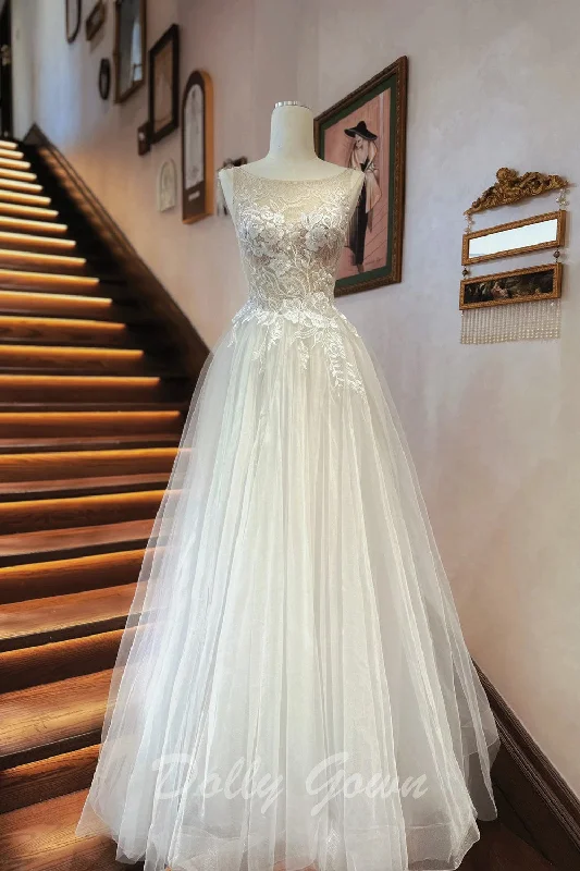 Romantic Boat Neck Sheer Lace Top A-line Tulle Wedding Dress Ball Gown Wedding