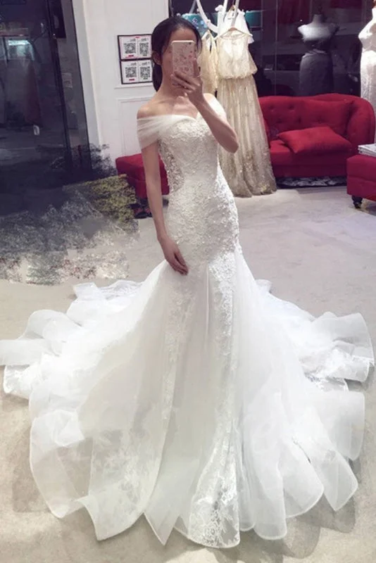 Sexy Mermaid Off-the-shoulder Chapel Train Lace Applique Wedding Dress Sparkle Bridal Dress