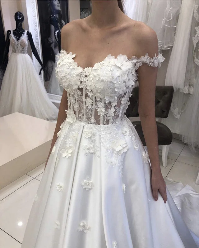 Sheer Bodice Satin Wedding Dress Off Shoulder Boho Chic Gown