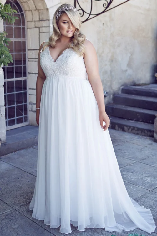 Simple Floor-length V-Neck Empire Chiffon Bridal Gown-MK_705600 Modern Lace Gown