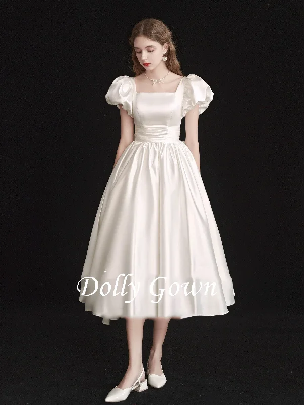 Square Neck Satin 50s Style Short Wedding Dress with Bubble Short Sleeves Sexy Lace Gown